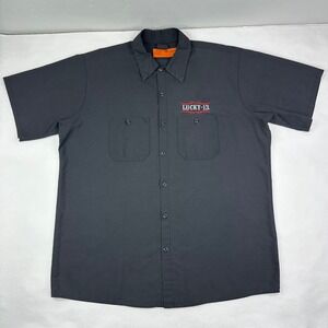 Lucky 13 Red Cap Black Short Sleeve Pinup Girl Work Shirt Mechanic Graphic XL